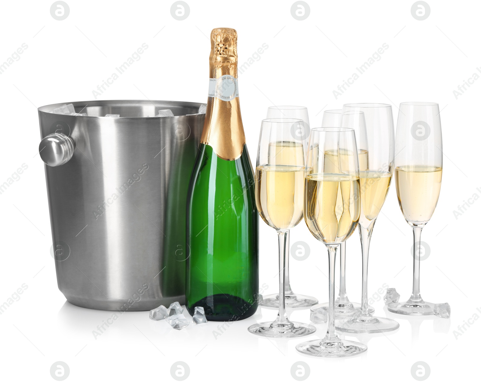 Photo of Champagne and bucket with ice isolated on white