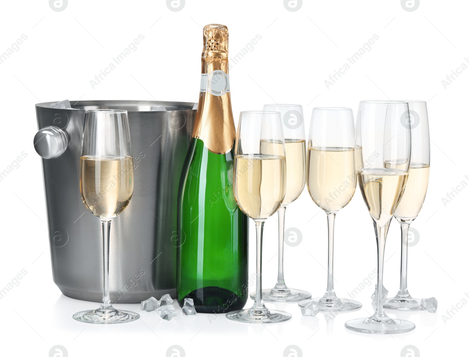 Photo of Champagne and bucket with ice isolated on white