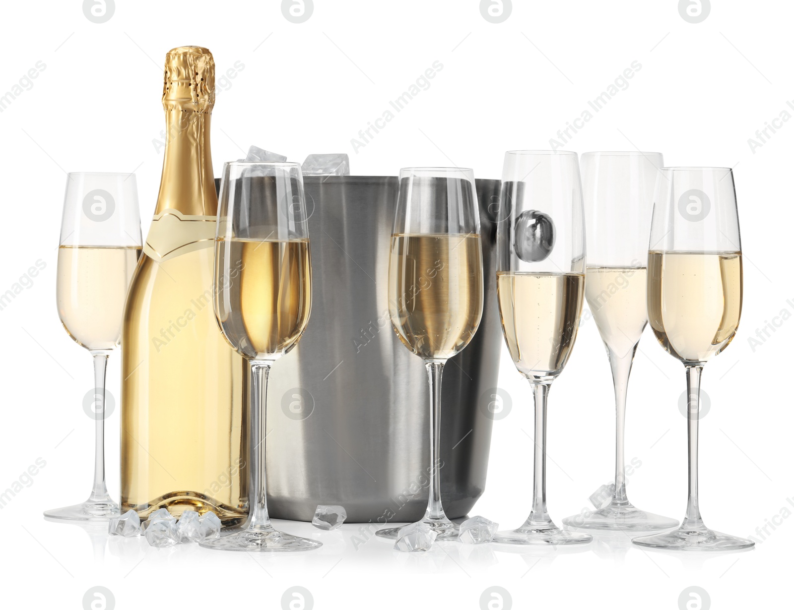 Photo of Champagne and bucket with ice isolated on white