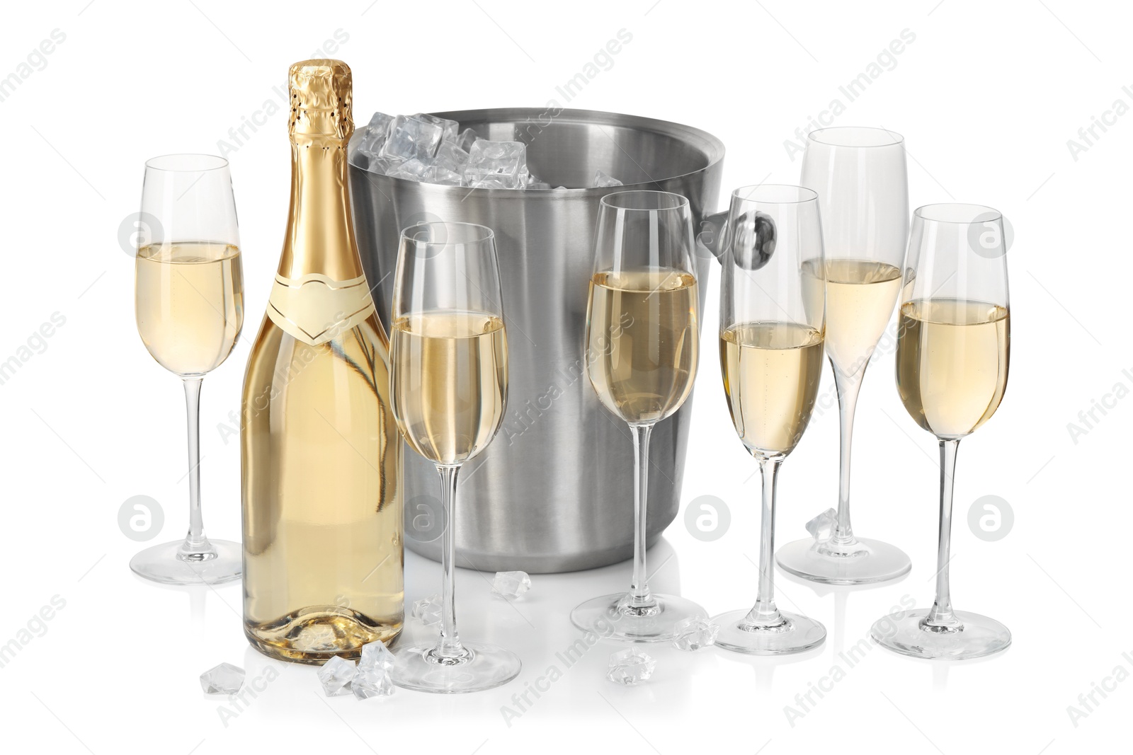 Photo of Champagne and bucket with ice isolated on white