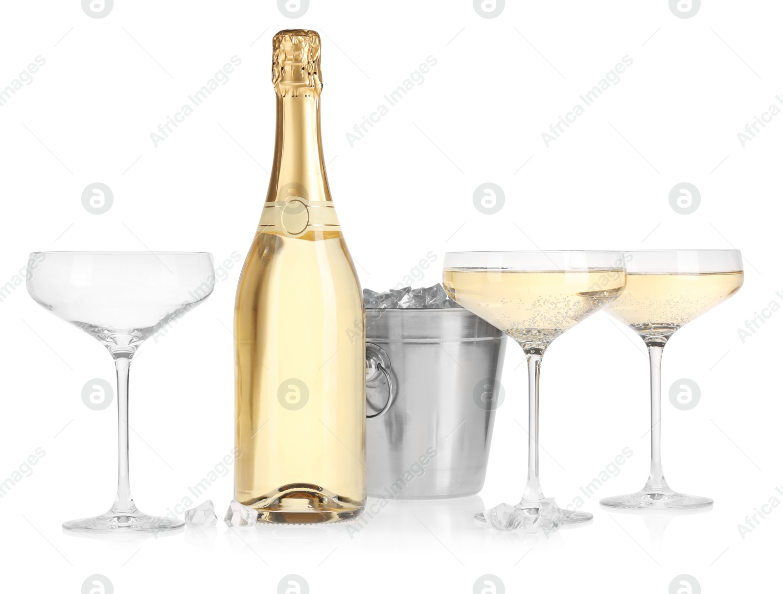 Photo of Champagne and bucket with ice isolated on white