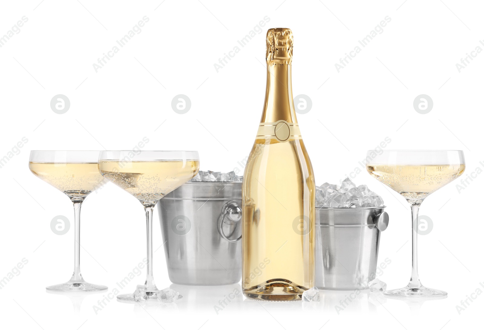 Photo of Champagne and buckets with ice isolated on white