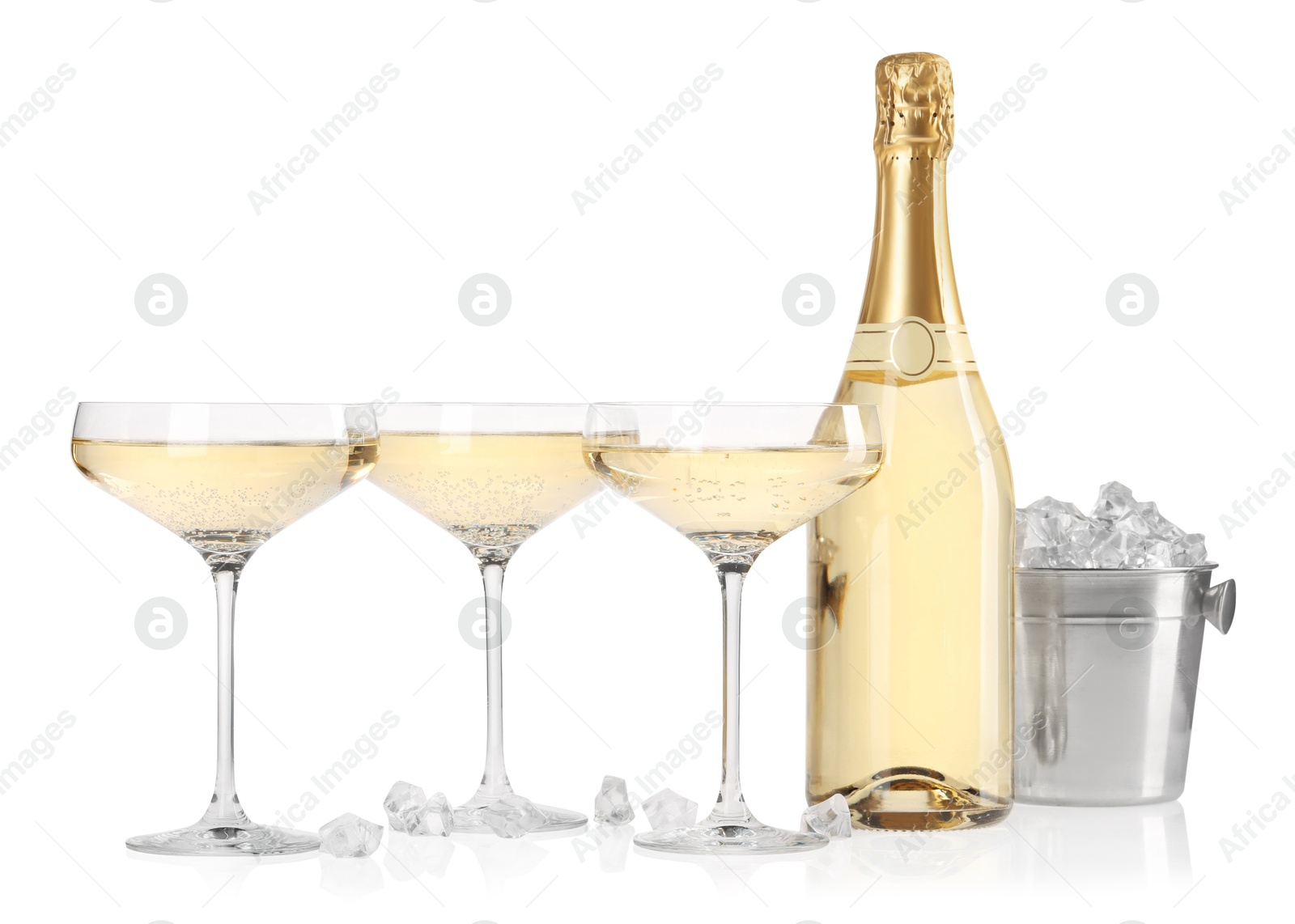 Photo of Champagne and bucket with ice isolated on white