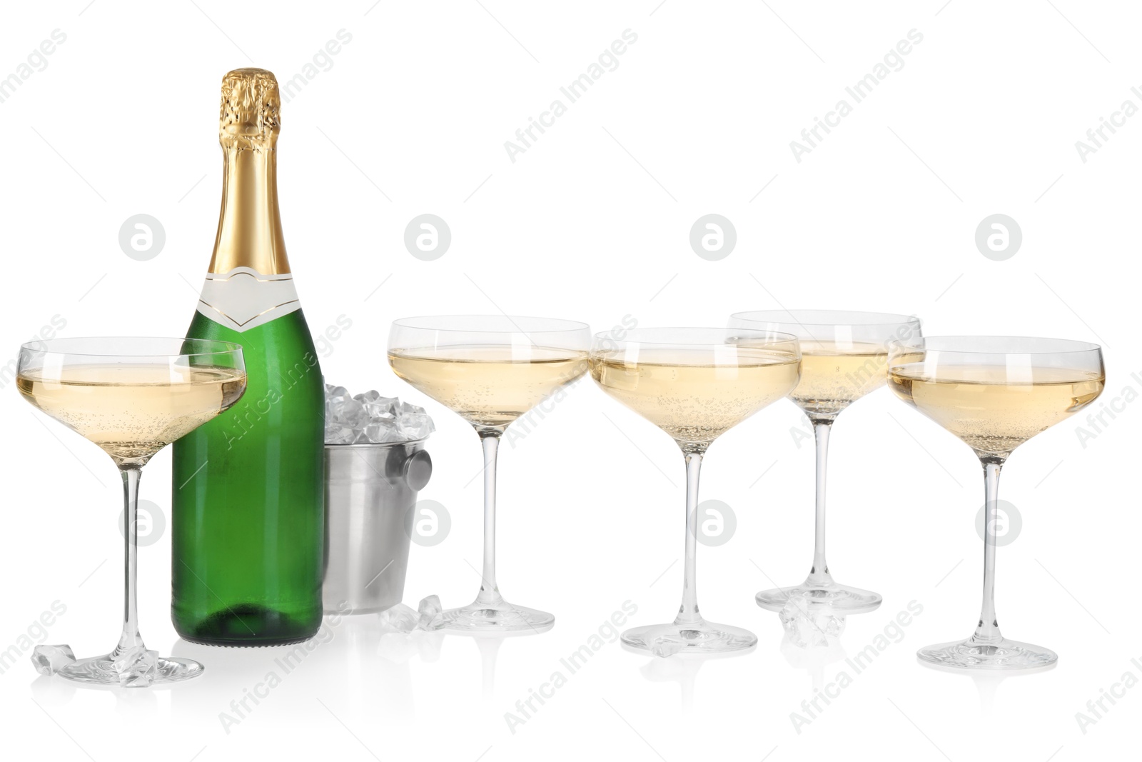 Photo of Champagne and bucket with ice isolated on white