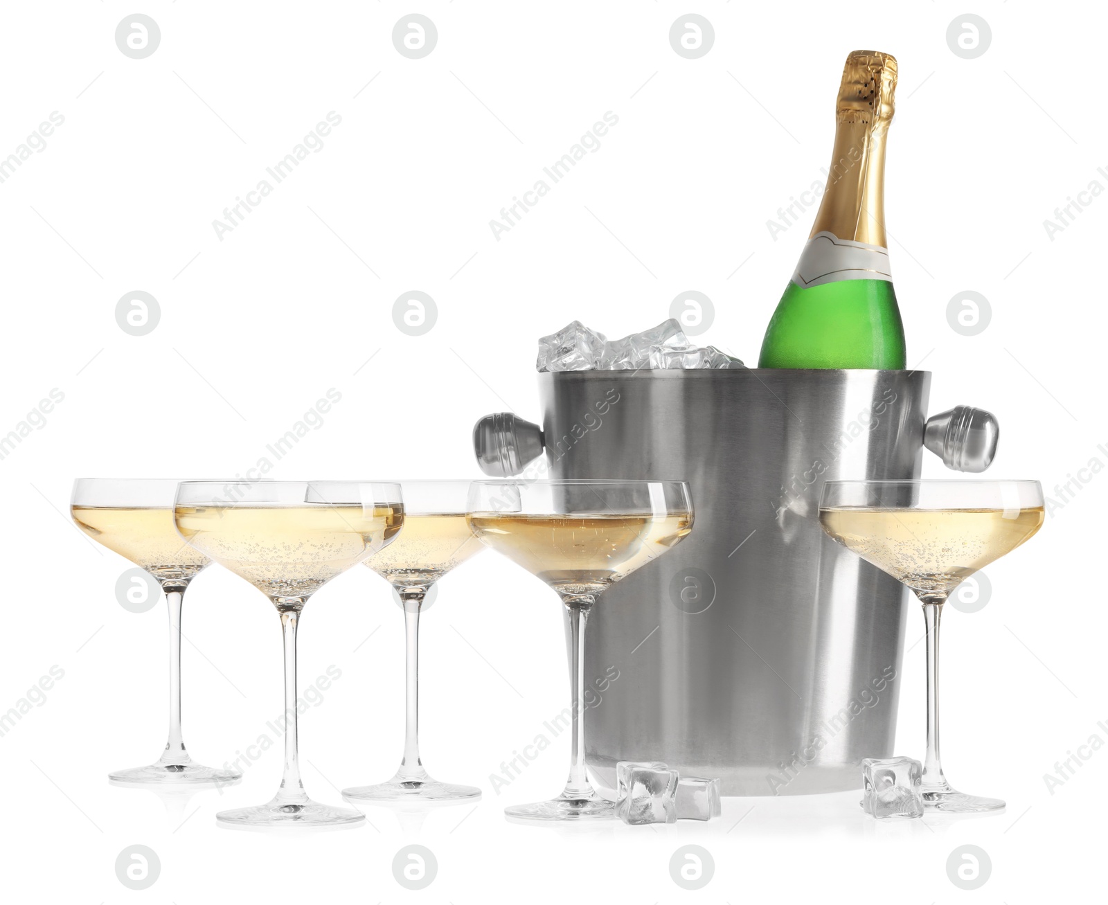 Photo of Champagne and bucket with ice isolated on white