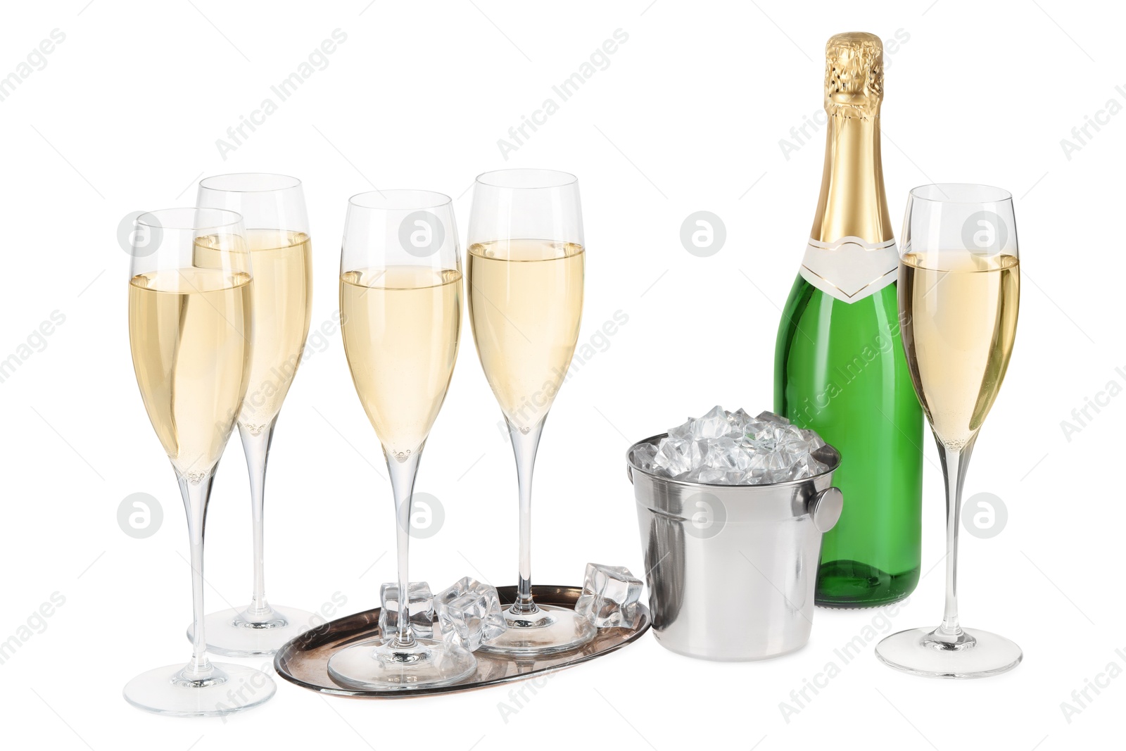 Photo of Champagne and bucket with ice isolated on white