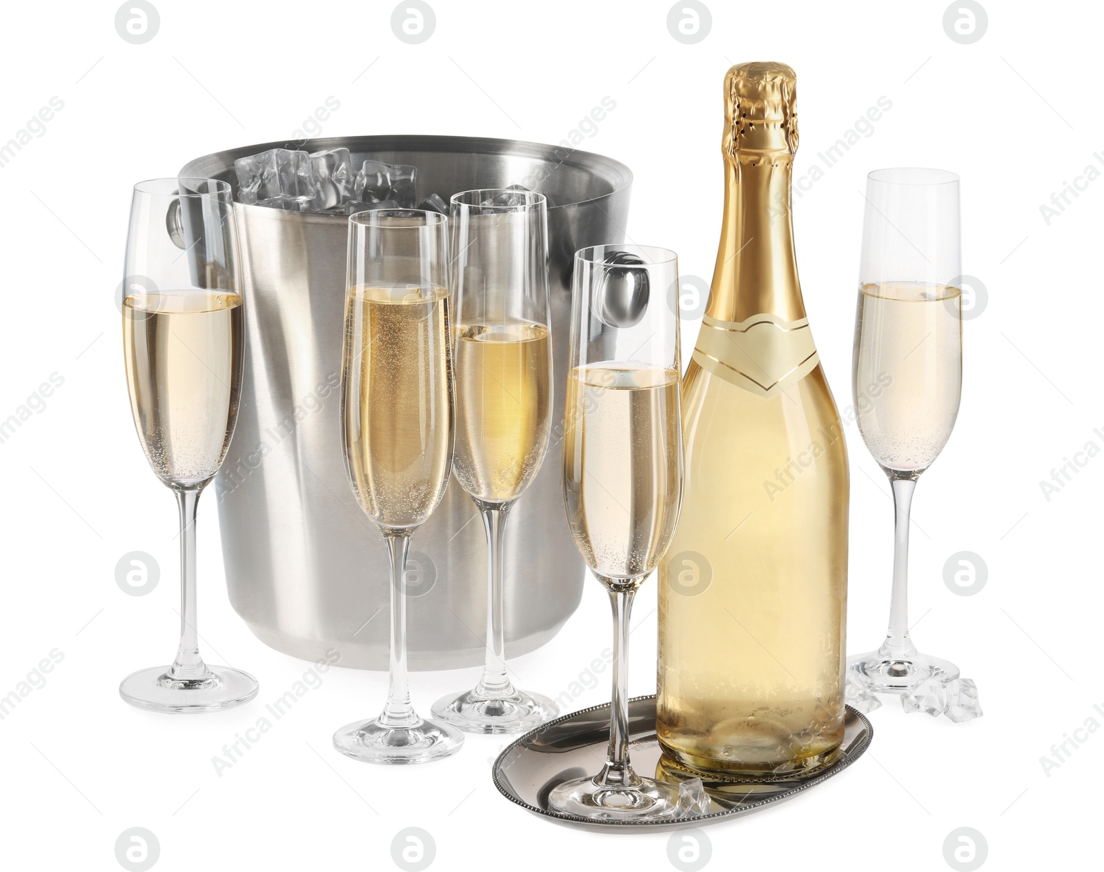 Photo of Champagne and bucket with ice isolated on white