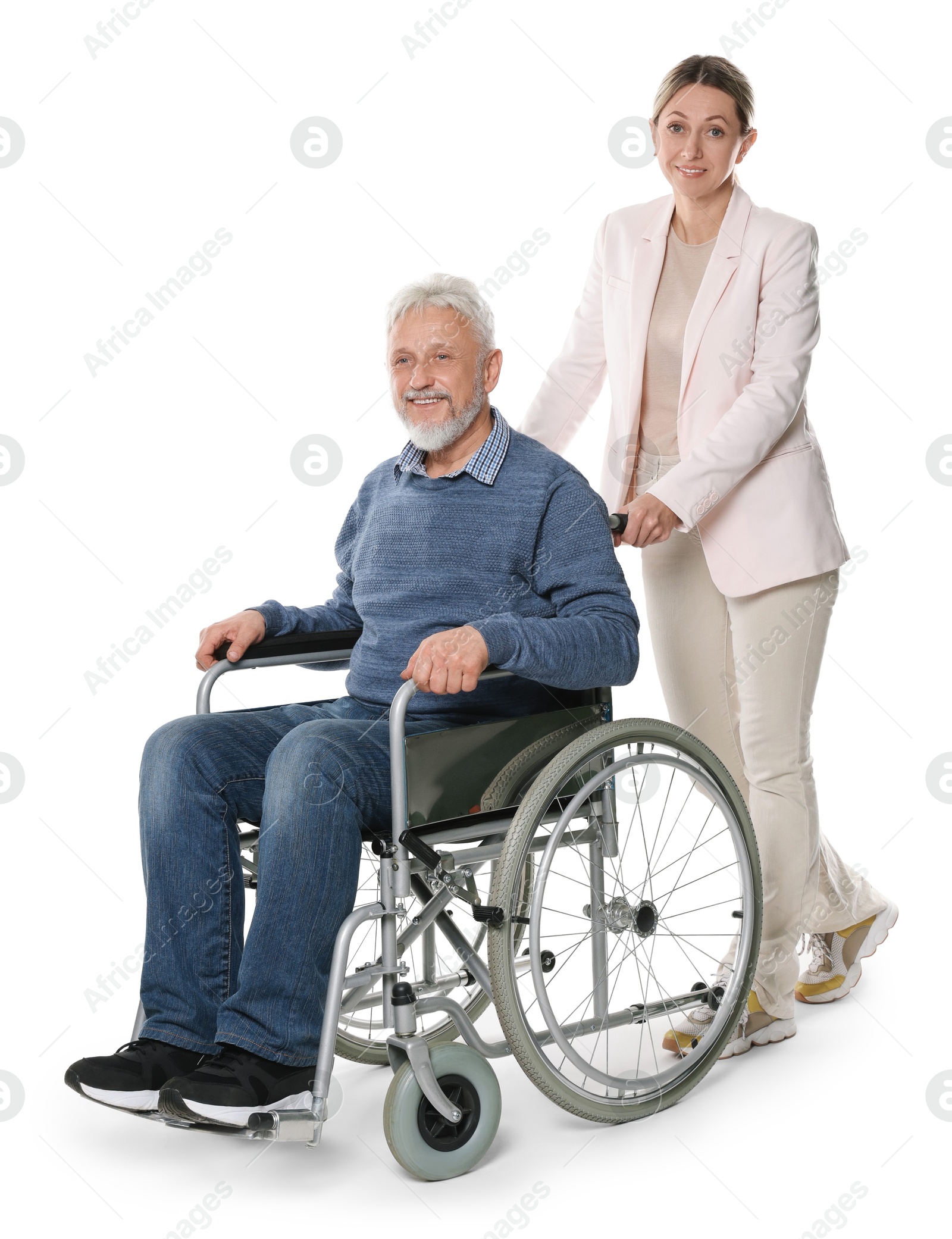 Photo of Woman with senior man in wheelchair on white background