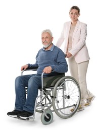 Photo of Woman with senior man in wheelchair on white background