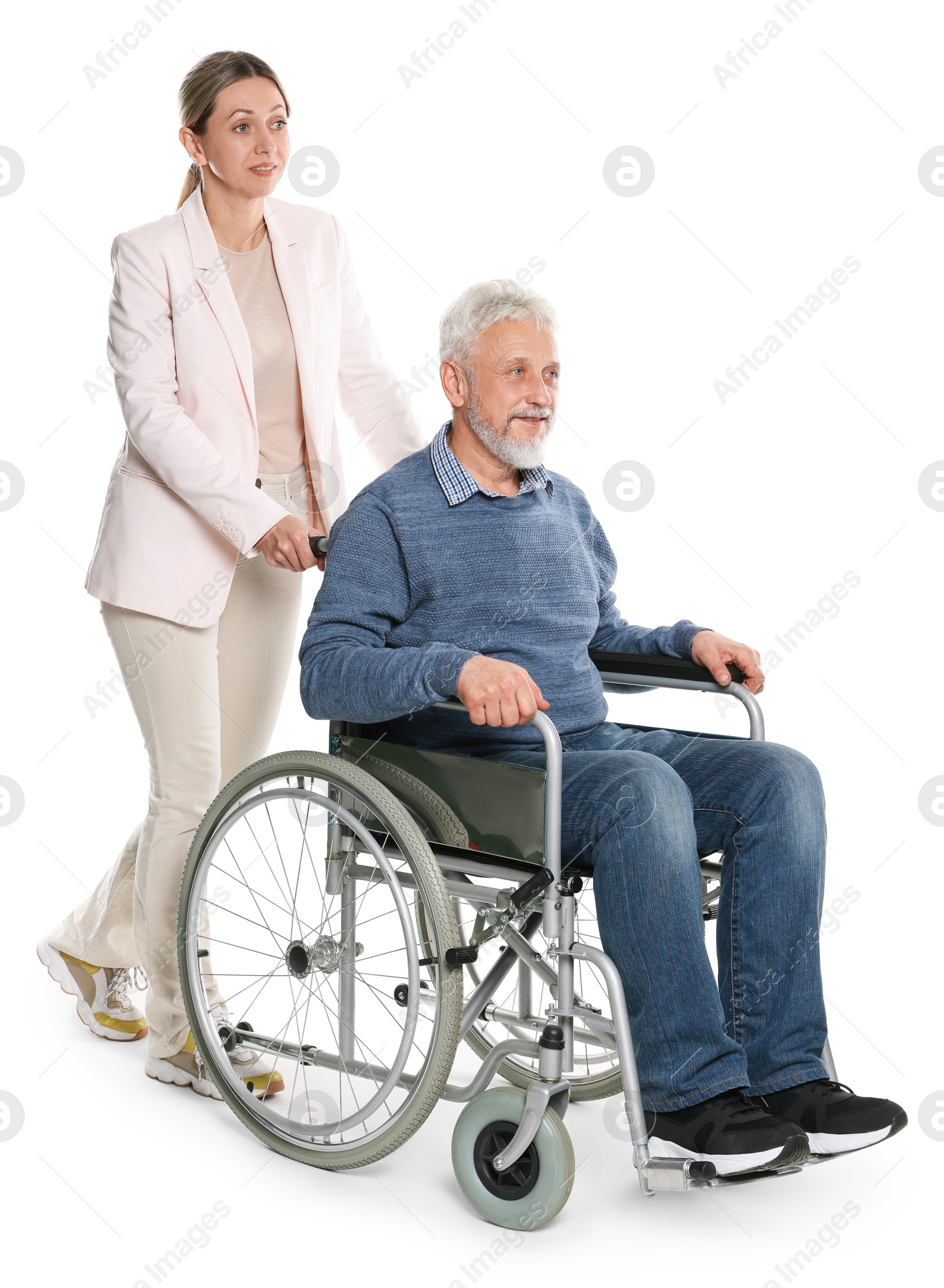 Photo of Woman with senior man in wheelchair on white background