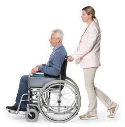 Woman with senior man in wheelchair on white background