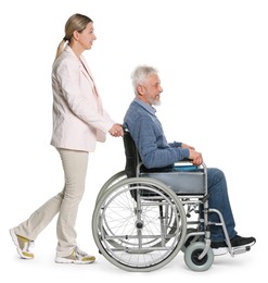 Photo of Woman with senior man in wheelchair on white background