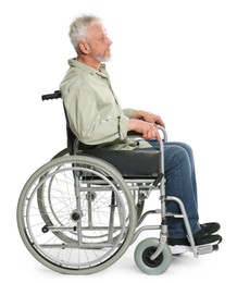 Senior man in wheelchair on white background