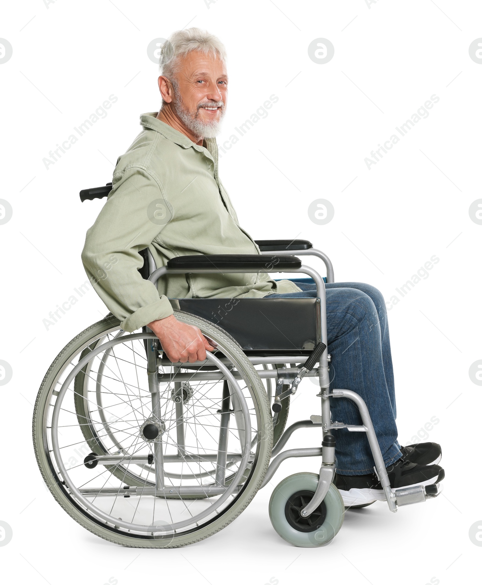 Photo of Senior man in wheelchair on white background