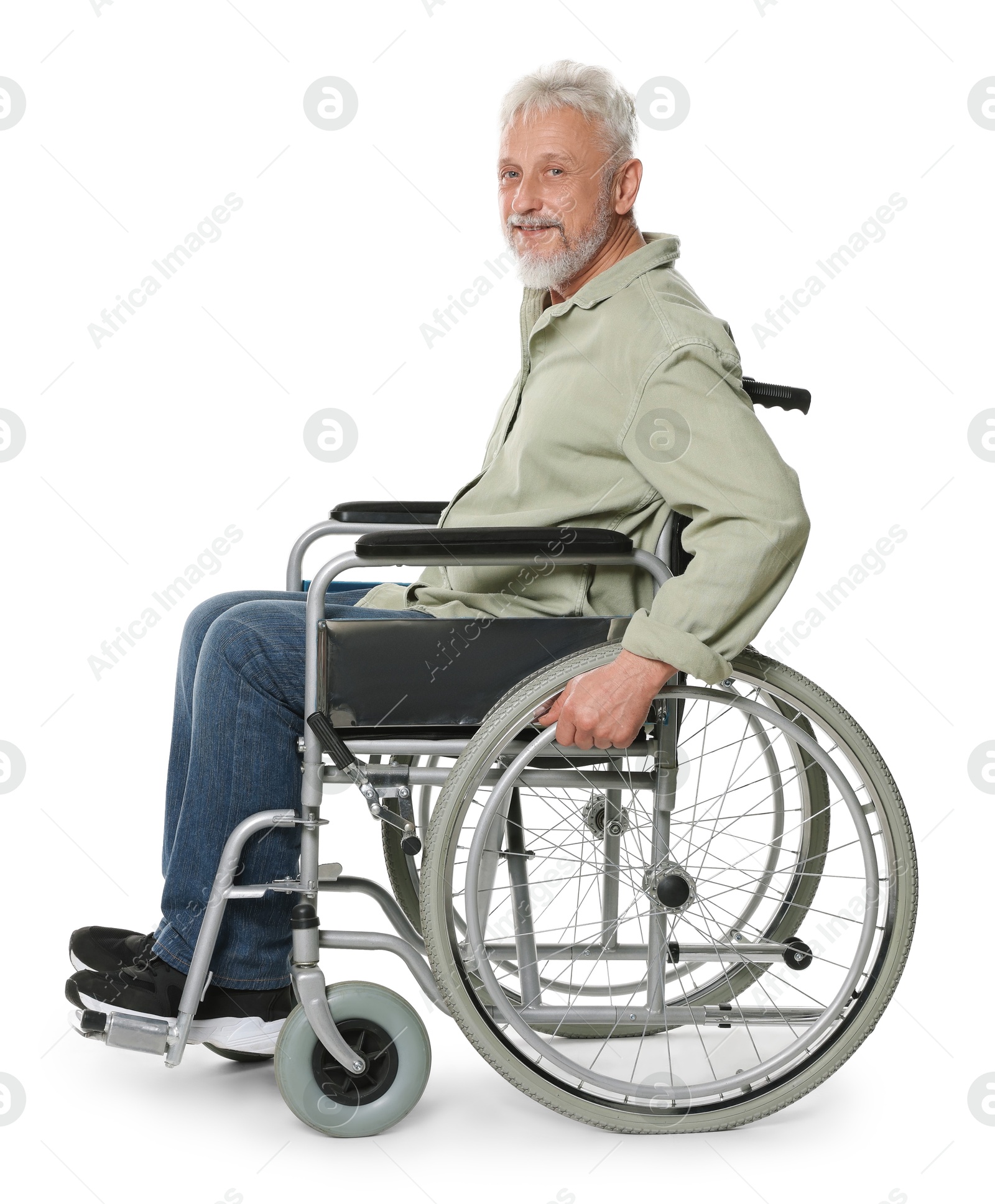 Photo of Senior man in wheelchair on white background