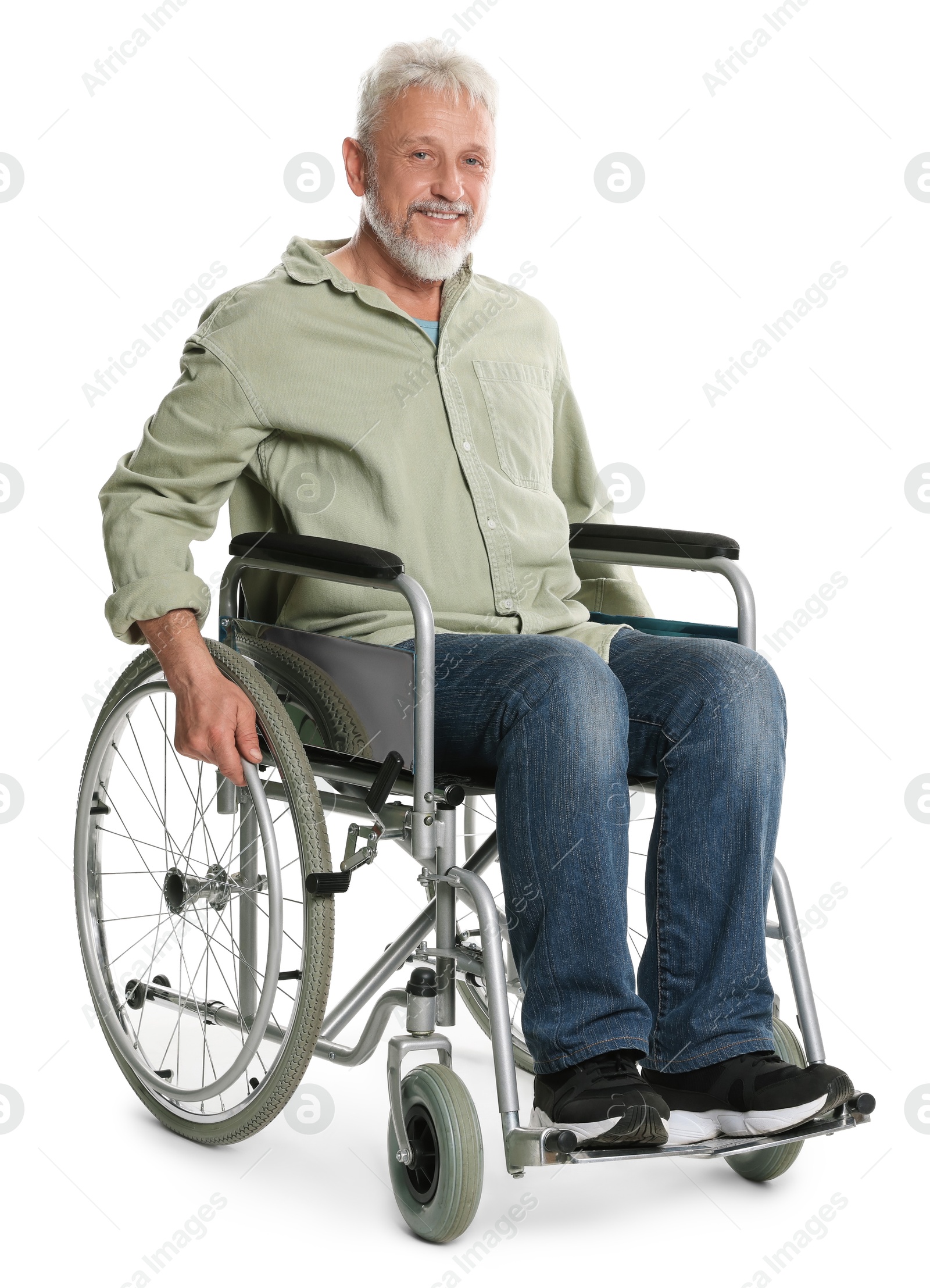 Photo of Senior man in wheelchair on white background