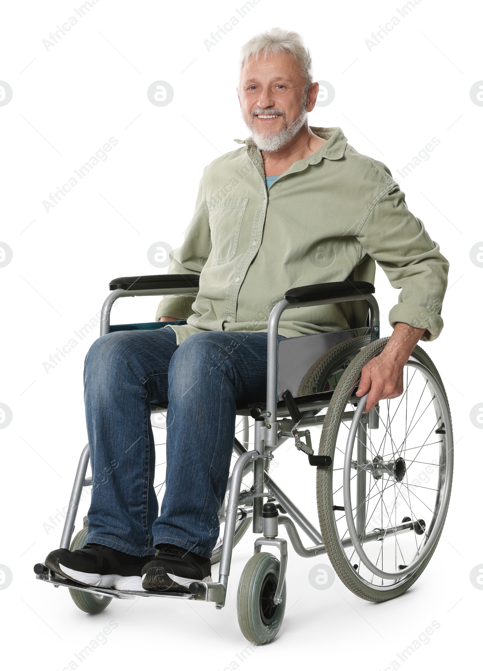 Photo of Senior man in wheelchair on white background