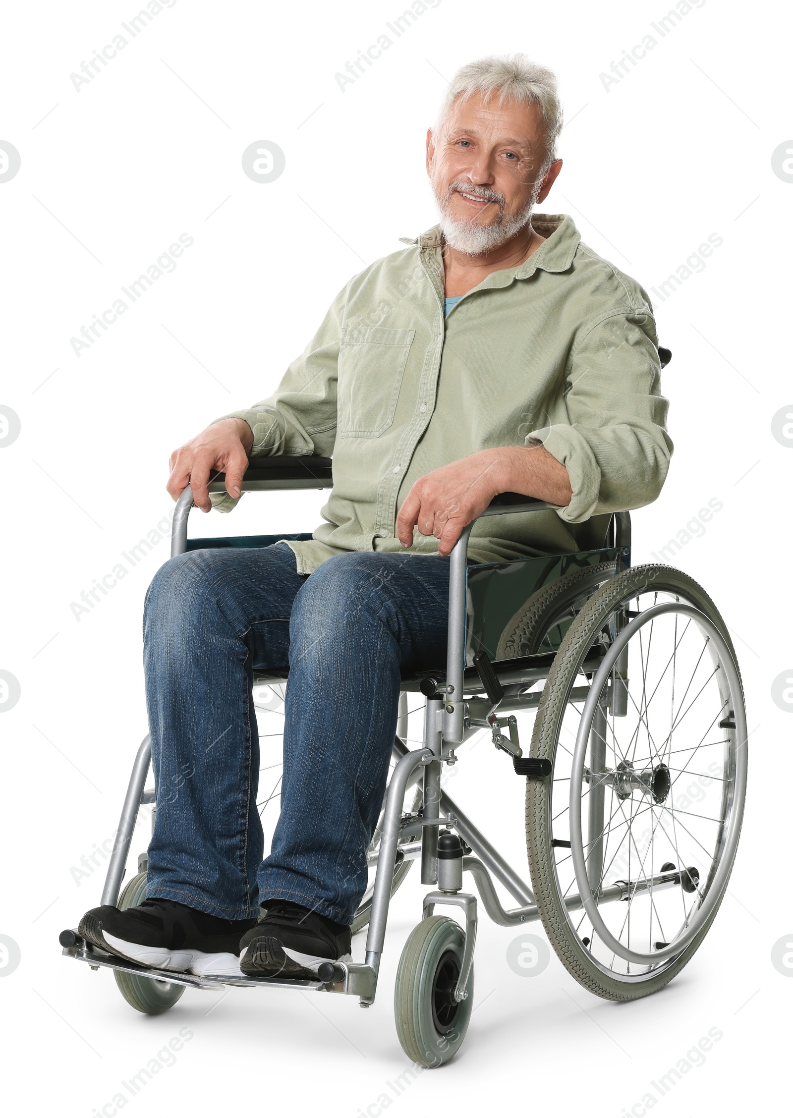 Photo of Senior man in wheelchair on white background