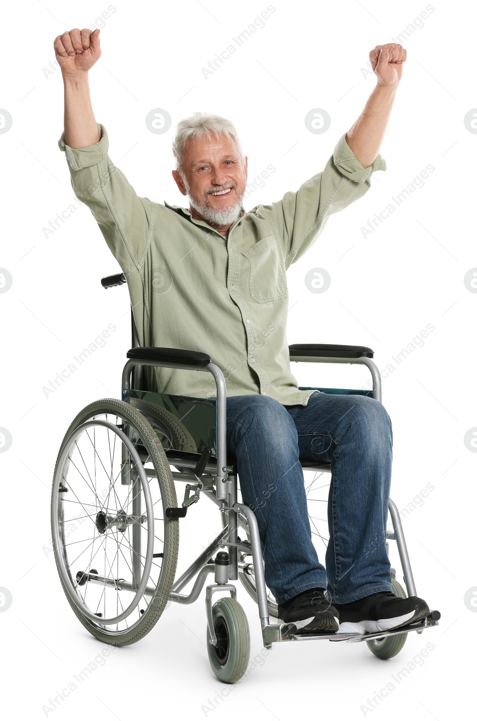 Photo of Senior man in wheelchair on white background