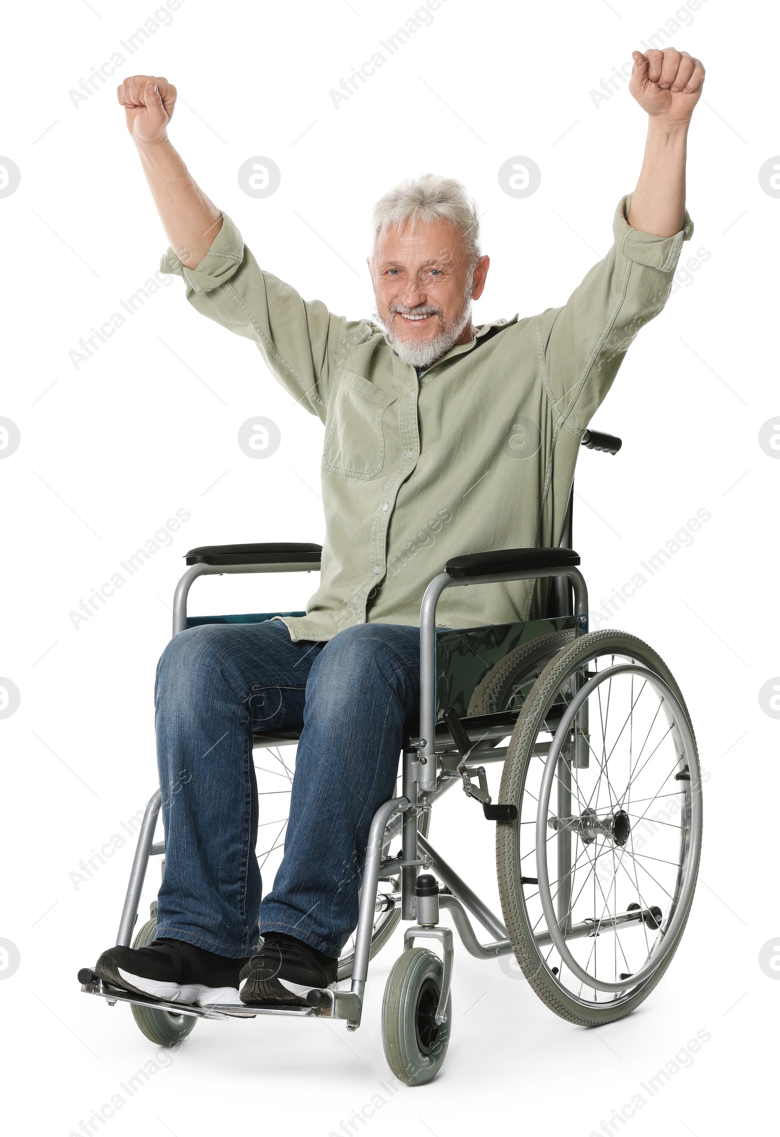 Photo of Senior man in wheelchair on white background