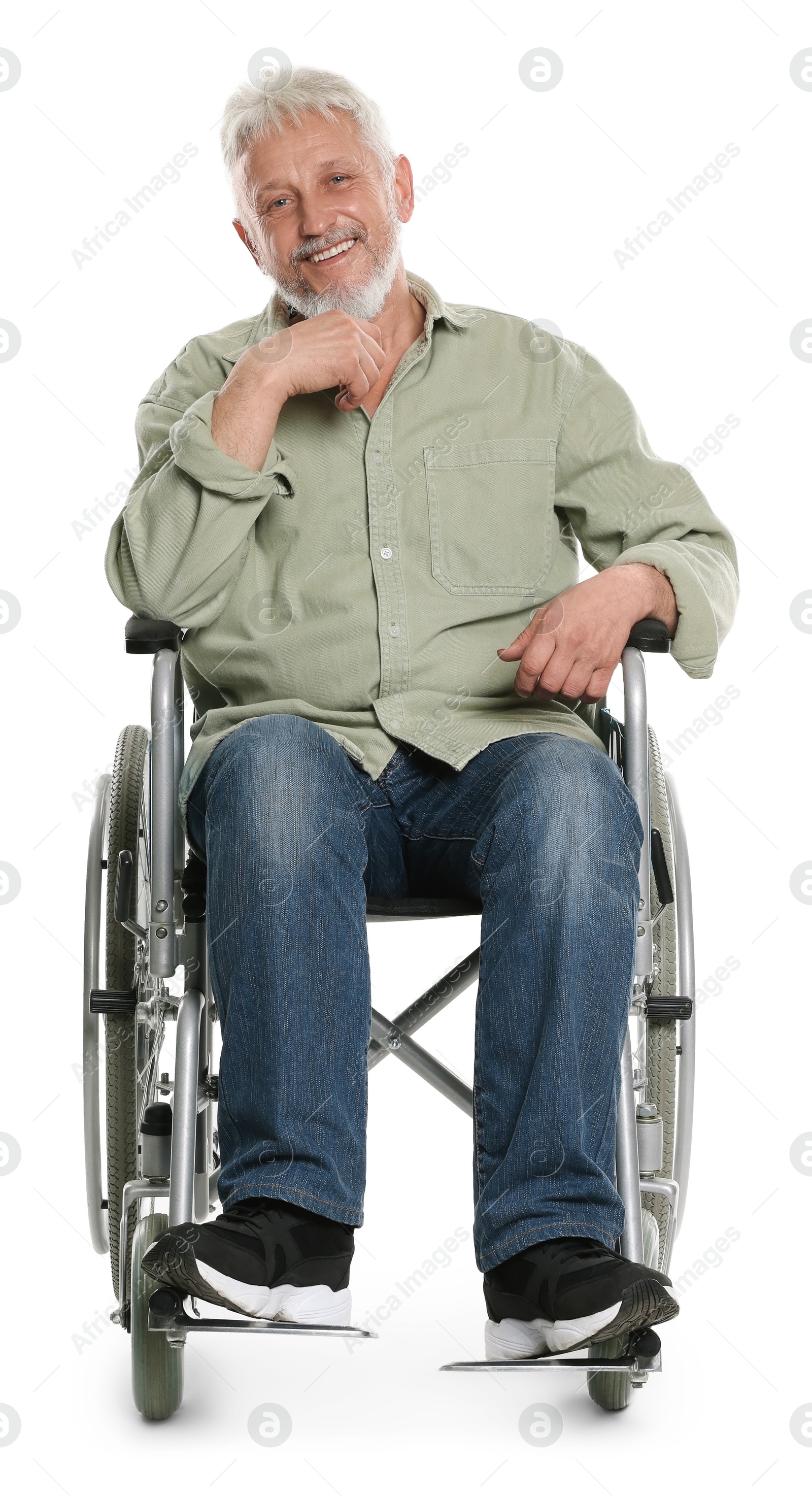 Photo of Senior man in wheelchair on white background