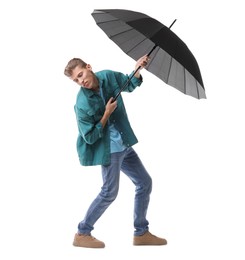 Photo of Man with black umbrella on white background