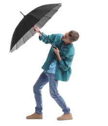 Photo of Man with black umbrella on white background