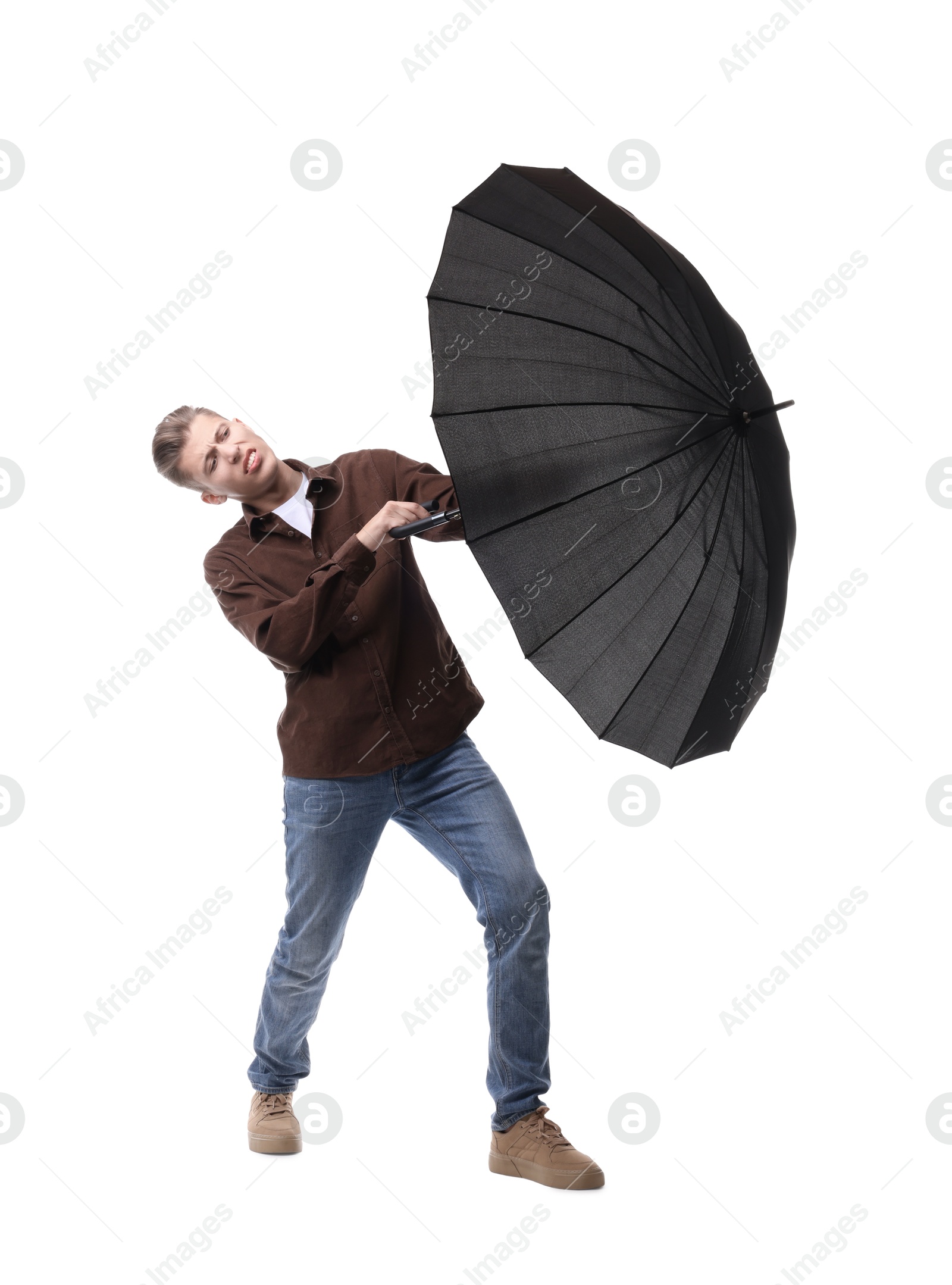 Photo of Man with black umbrella on white background