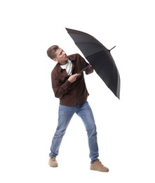 Photo of Man with black umbrella on white background