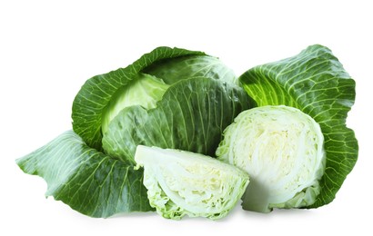 Whole and cut cabbages isolated on white