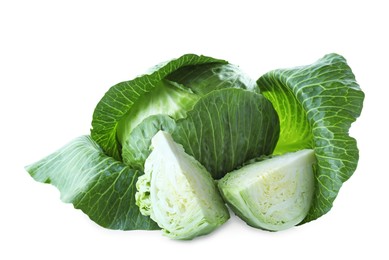 Photo of Whole and cut cabbages isolated on white