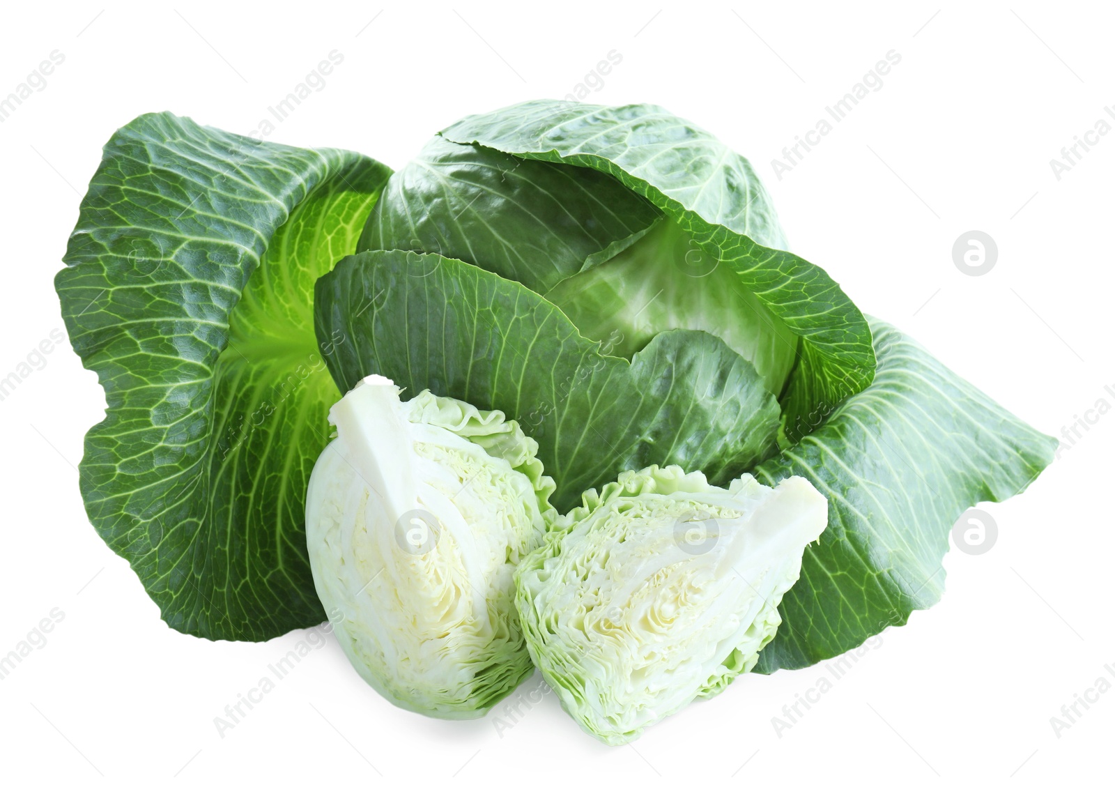 Photo of Whole and cut cabbages isolated on white