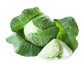 Whole and cut cabbages isolated on white