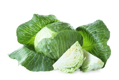 Whole and cut cabbages isolated on white