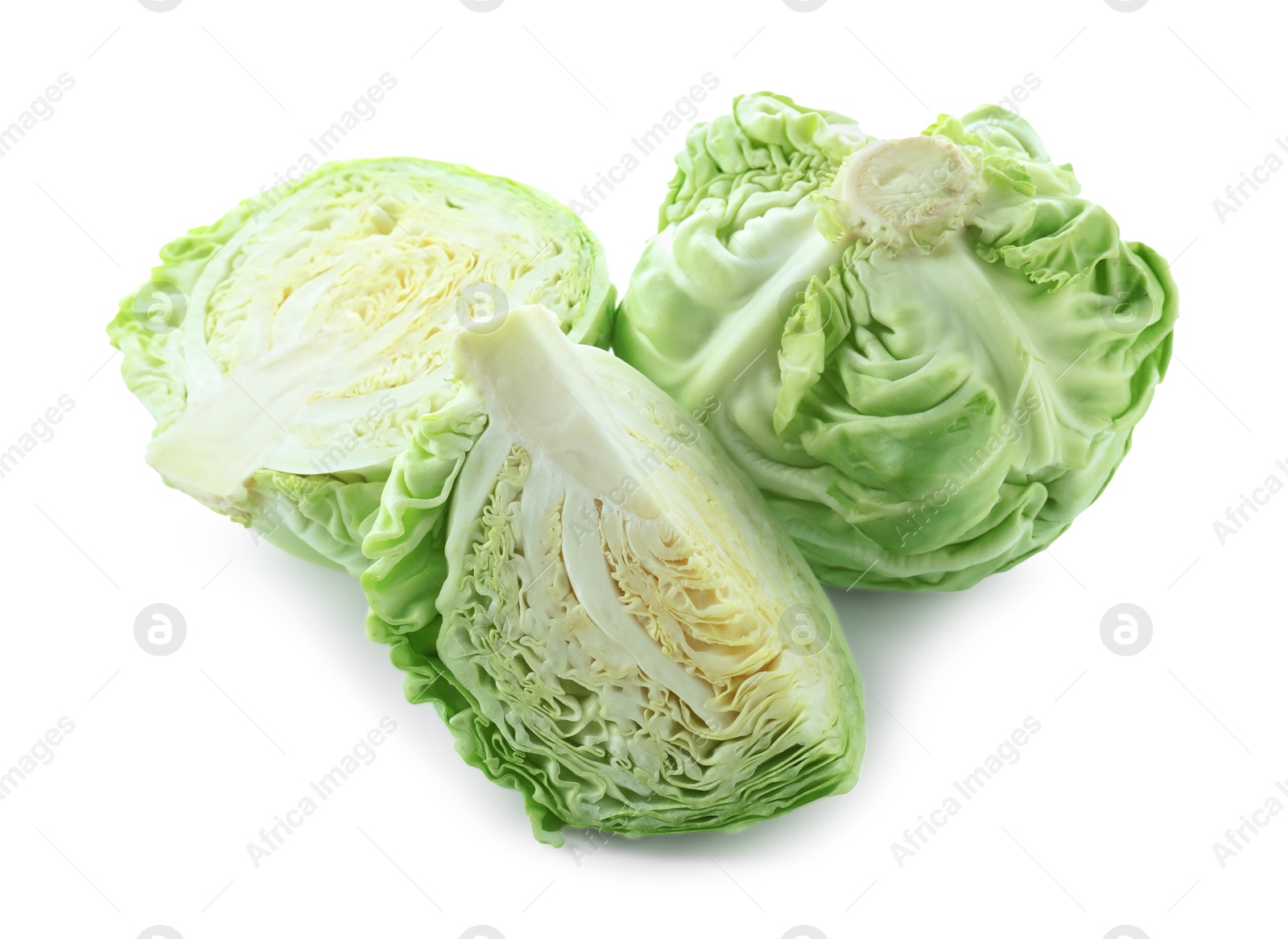 Photo of Whole and cut cabbages isolated on white