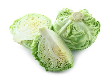 Whole and cut cabbages isolated on white