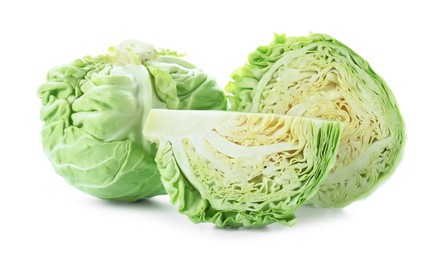 Whole and cut cabbages isolated on white