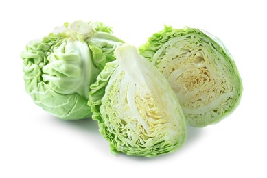 Whole and cut cabbages isolated on white