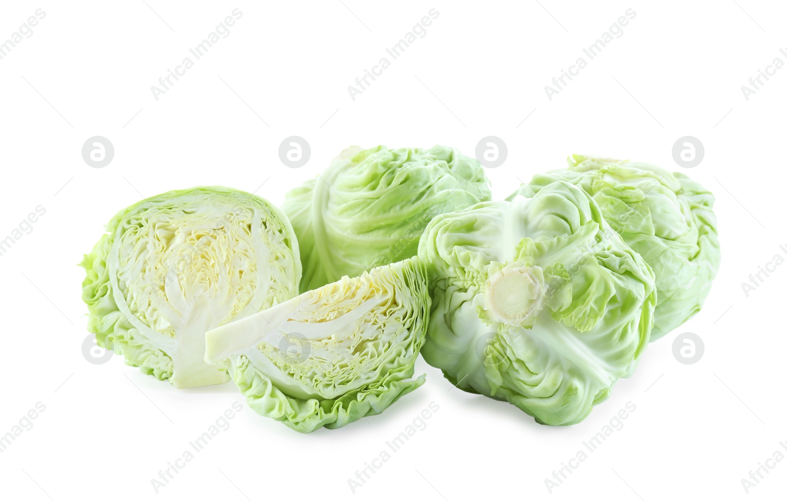 Photo of Whole and cut cabbages isolated on white