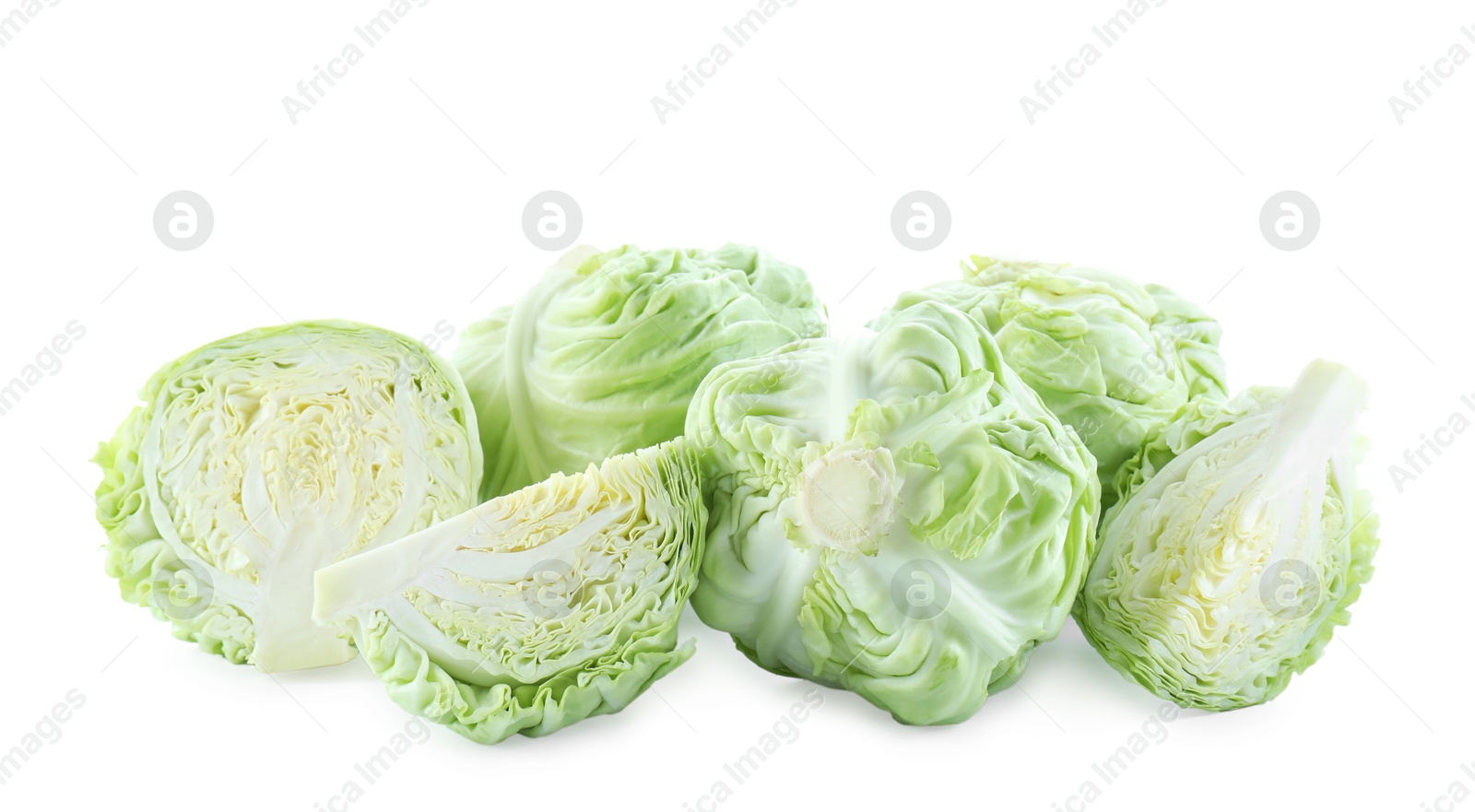 Photo of Whole and cut cabbages isolated on white