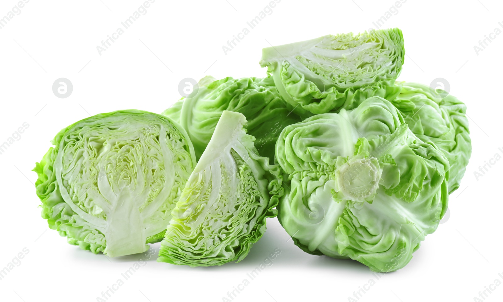 Photo of Whole and cut cabbages isolated on white