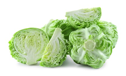 Photo of Whole and cut cabbages isolated on white