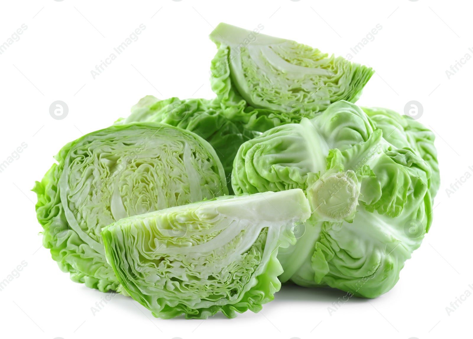 Photo of Whole and cut cabbages isolated on white