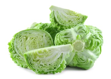 Whole and cut cabbages isolated on white