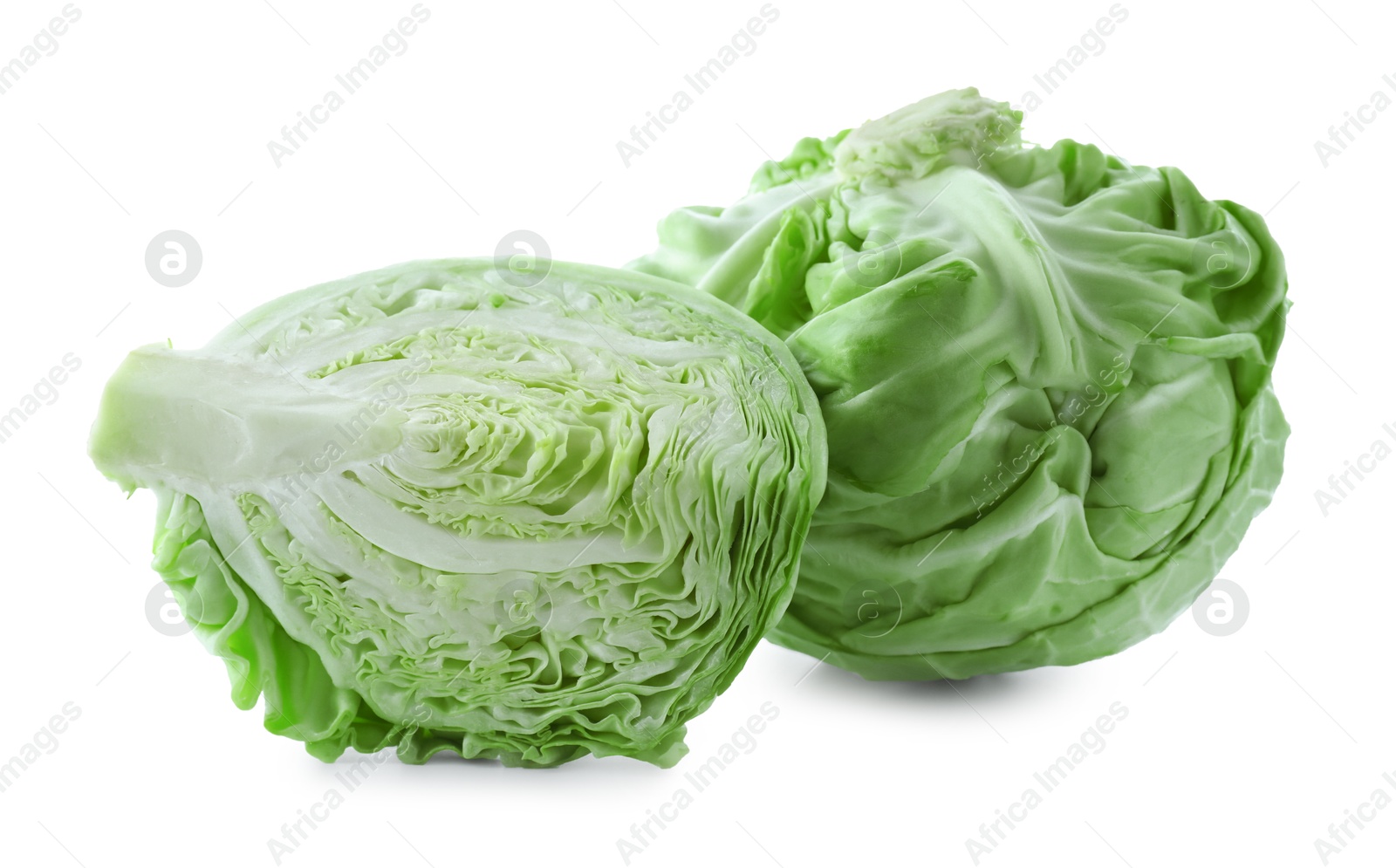 Photo of Whole and cut cabbages isolated on white