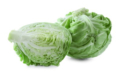 Whole and cut cabbages isolated on white