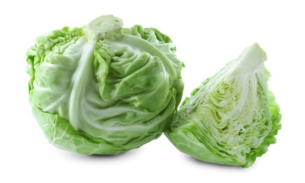 Whole and cut cabbages isolated on white