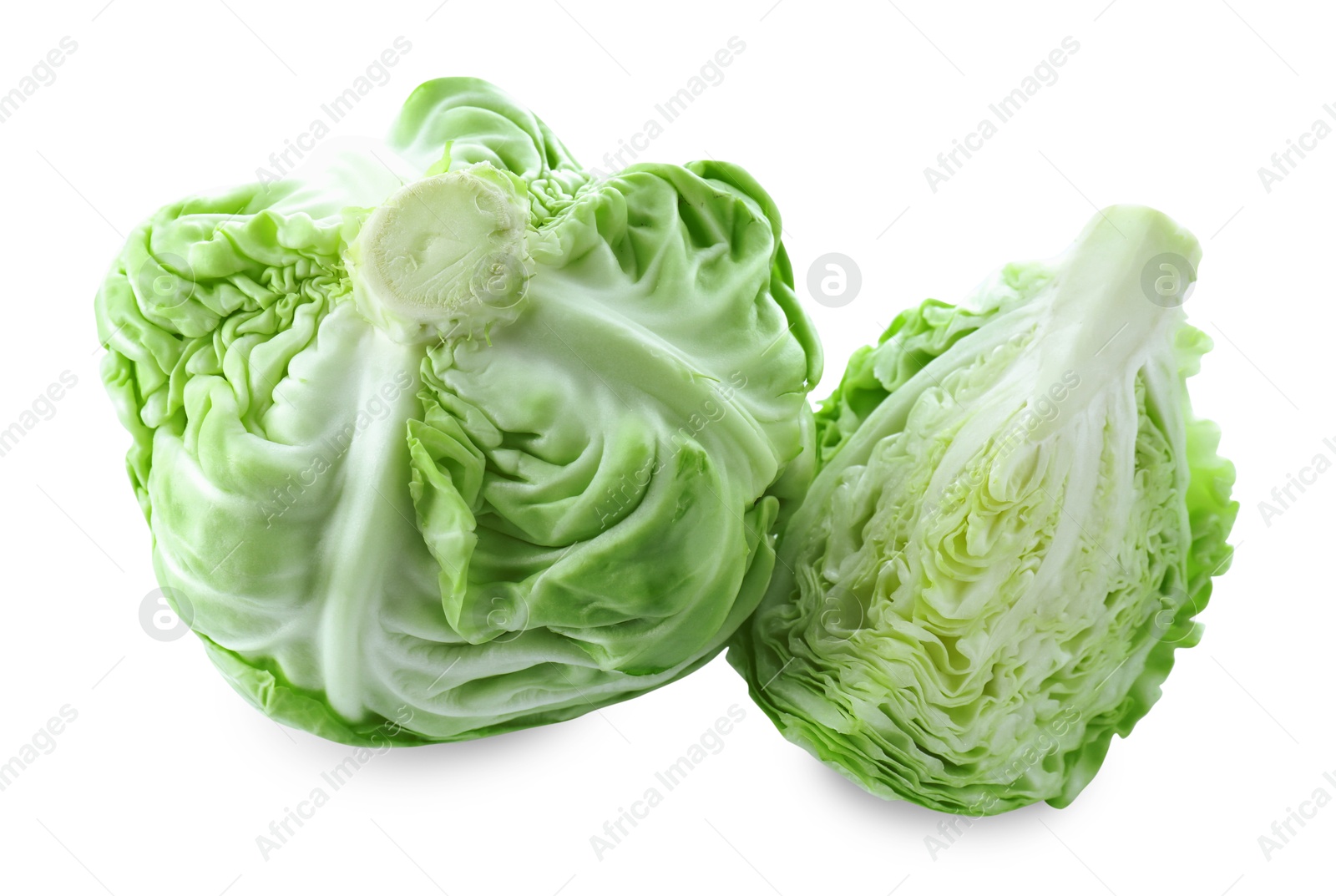 Photo of Whole and cut cabbages isolated on white