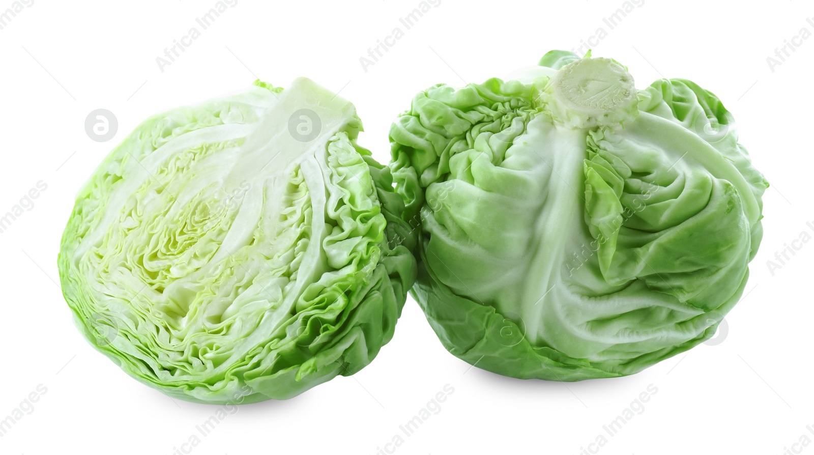 Photo of Whole and cut cabbages isolated on white