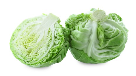 Whole and cut cabbages isolated on white